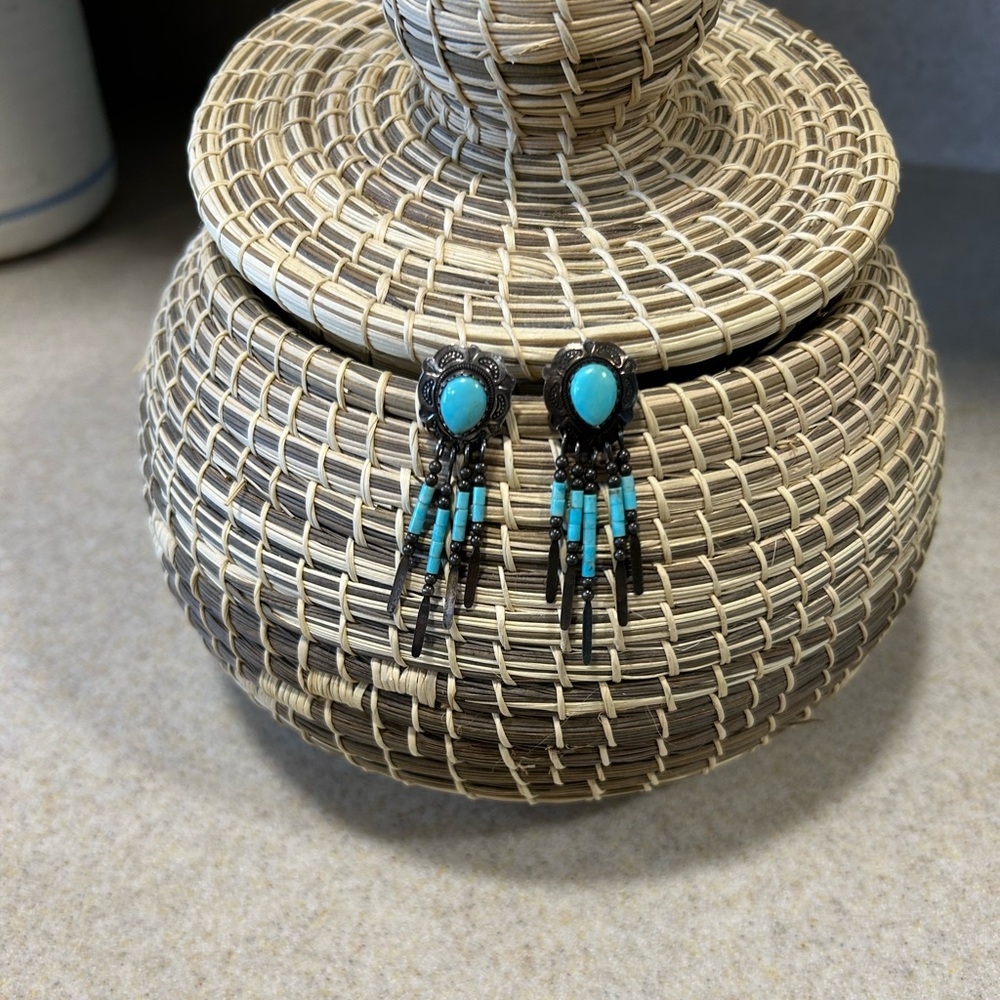 Signed QT Navajo Turquoise Sterling Silver 925 Concho Dangle Post Earrings Flaw